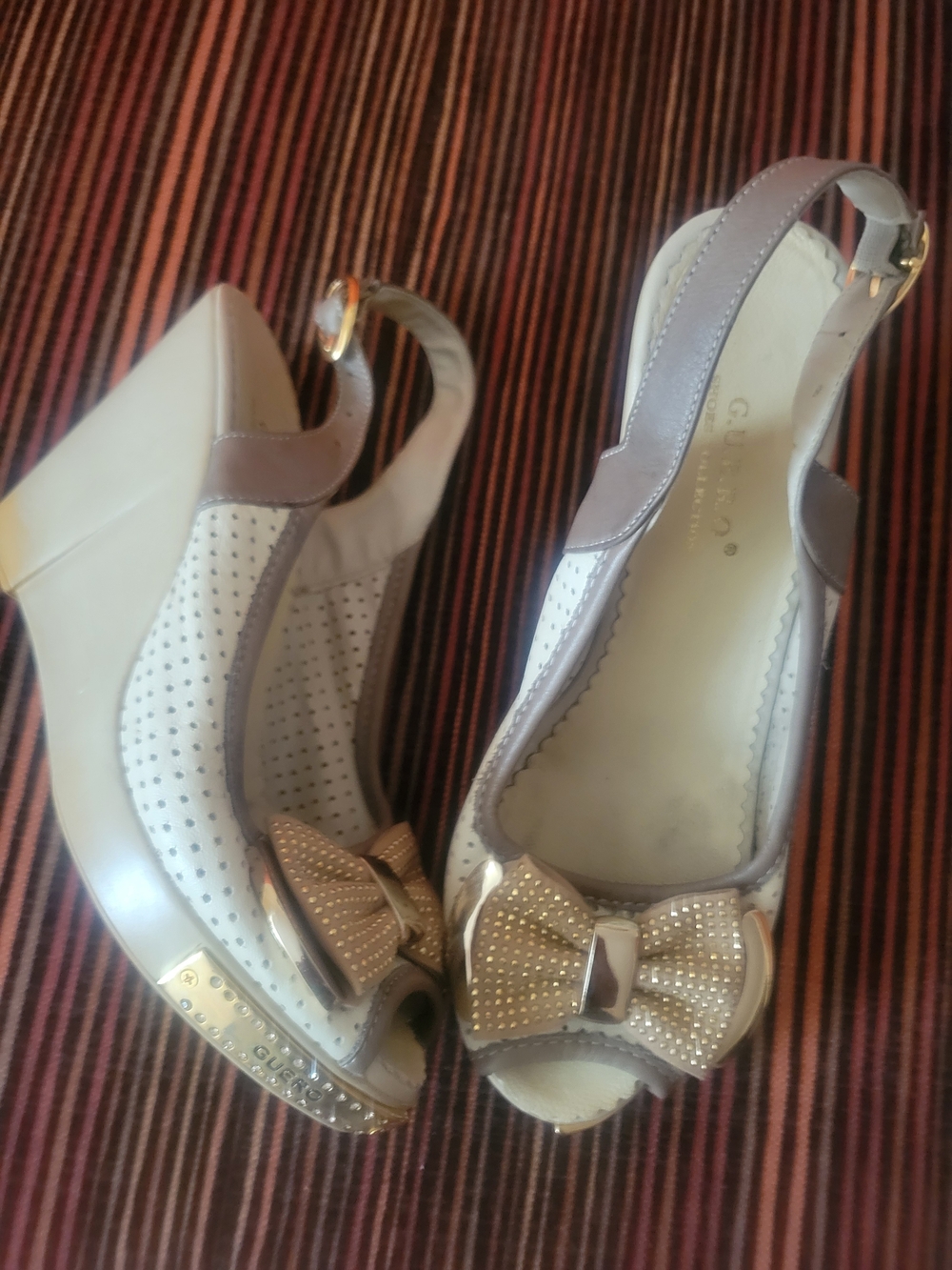 Women’s White and Taupe Wedge Slingback Peep-Toe with Bow